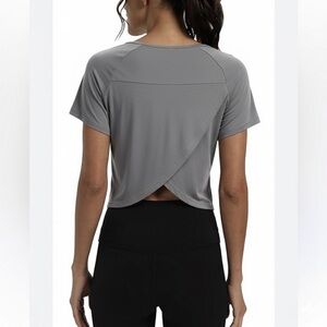 Grey Short Sleeve Cropped Twist-Back Top